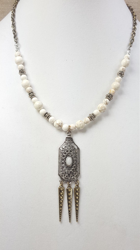 White Howlite Beaded Necklace with Antique Silver by SassyHatCF