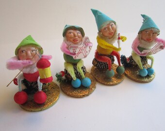 4 vintage spun cotton elves - spun cotton gnomes - older clay faces, JAPAN - spun cotton, bump chenille, pinecones