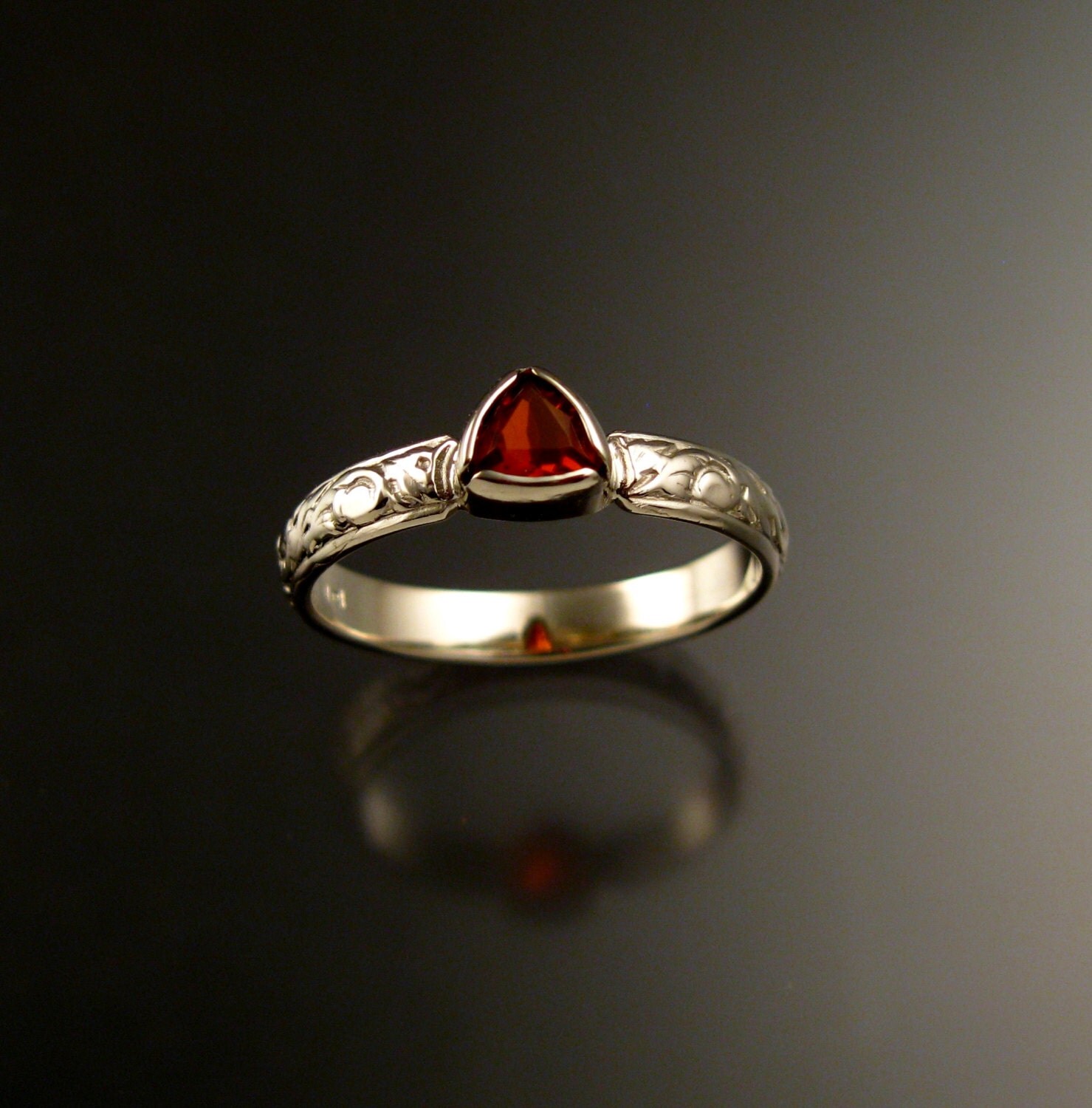 Fire Opal Triangle Wedding ring 14k White Gold Victorian bezel