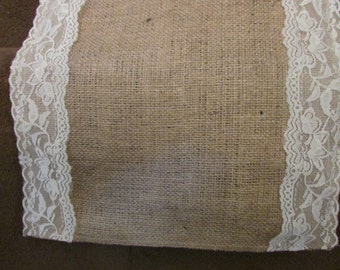 Burlap and lace table runner, centerpiece, rustic chic, 12" and 14" wide