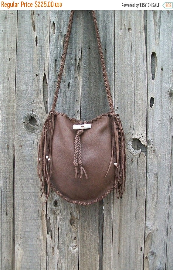 ON SALE Brown leather handbag , Fringed leather tote , Gypsy crossbody
