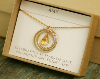 Citrine necklace, 40th birthday gift for her, November birthstone necklace, 4 linked rings necklace, gift for best friends - Lilia