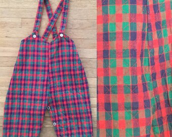 Vintage 70s / Red and Green / Quilted / Overalls / 12 months