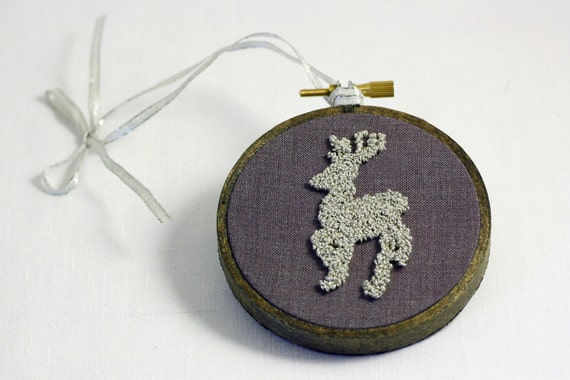 Silver Reindeer Silhouette Christmas Ornament Embroidery Hoop Art. Silver, Grey. Three Inch Hoop.
