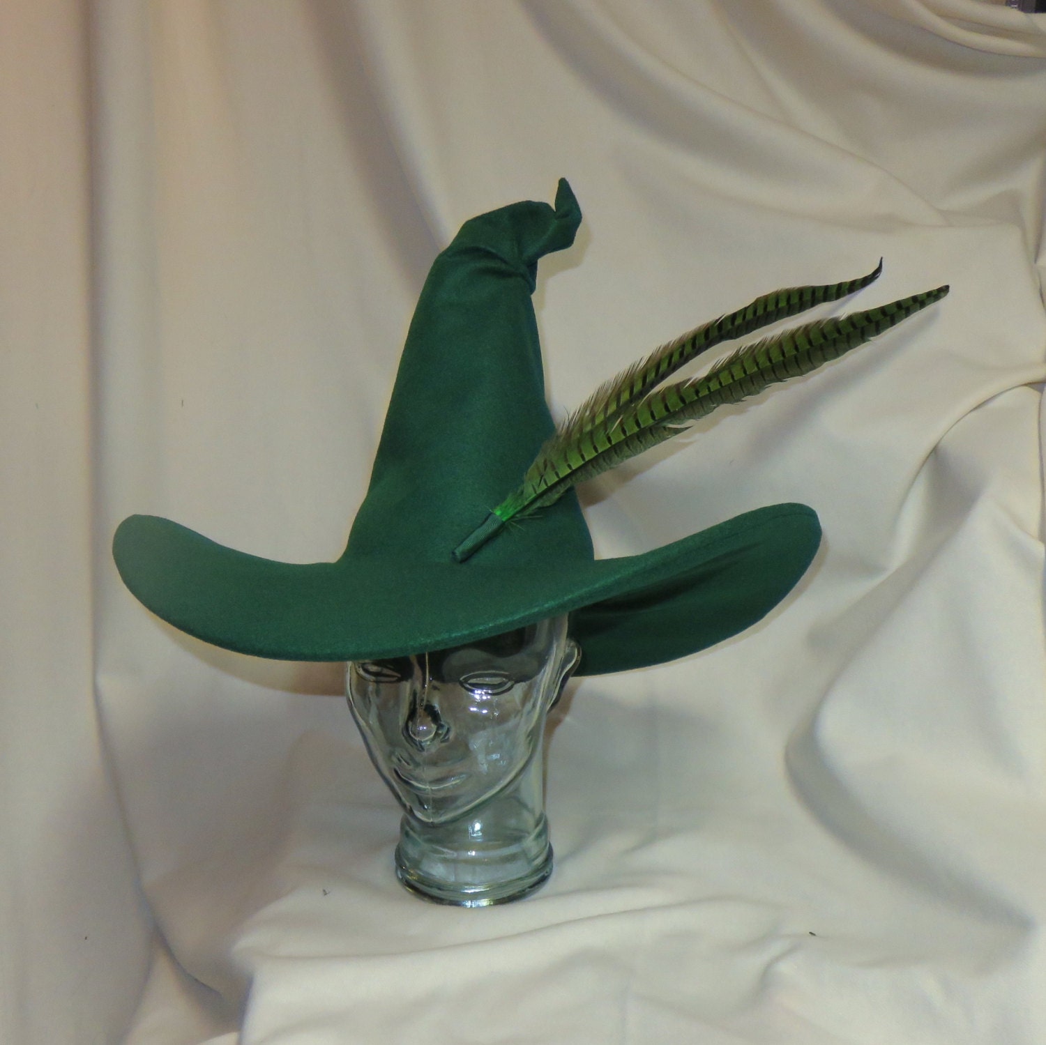 Green Witch Hat Felt Hat with Wired Brim and Pheasant