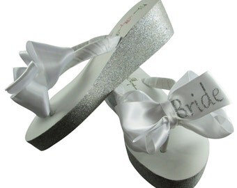 Bridal Bride Flip Flops, Silver / White or Ivory / Champagne or Gold Bride Bow Glitter Wedding Wedge Flip Flops- sizes- 2 inch heel