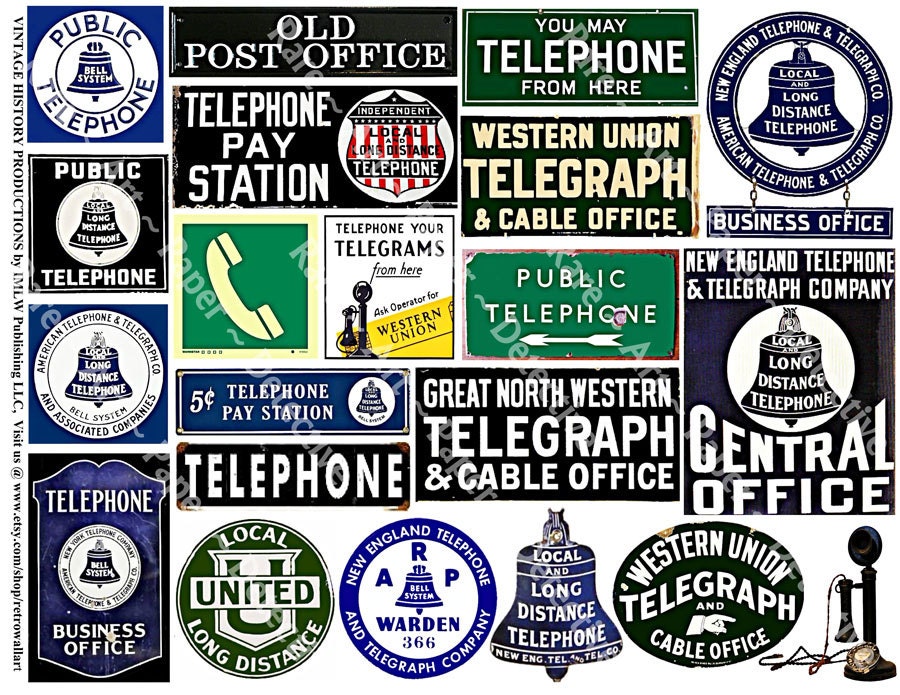 Old Telephone Signs Digital Clip Art Vintage Telegraph