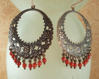 Gypsy Cowgirl Earrings - Copper Floral Rings with Red Coral