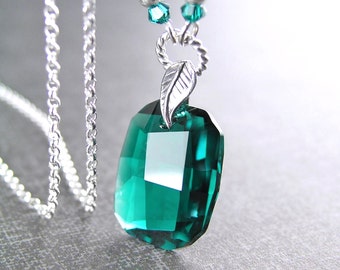 Swarovski Crystal Emerald Necklace, Sterling Silver Necklace, May Birthstone, Emerald Pendant Necklace, Emerald Green Crystal Necklace