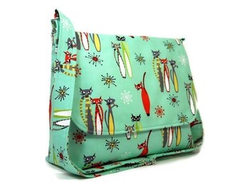 Cat Purse, Messenger Bag for Women, Kitty Cat Crossbody Bag, Fabric Cross Body Bag, Cotton Pocketbook, Green Handbag, Seafoam Bag