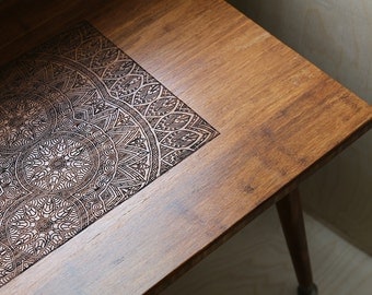 Engraved Walnut Coffee Table - Modern Wood Furniture Illustration BOHO Mid Century Eames Style