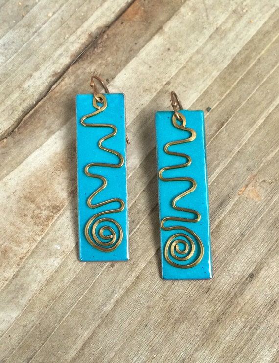 Turquoise Enameled Earrings With Copper Spiral