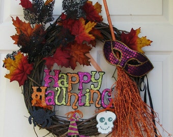 Fall Wreath – Happy Haunting - Halloween Wreath – Front Door Wreath – Outdoor Halloween Decoration - Fall Door Wreaths