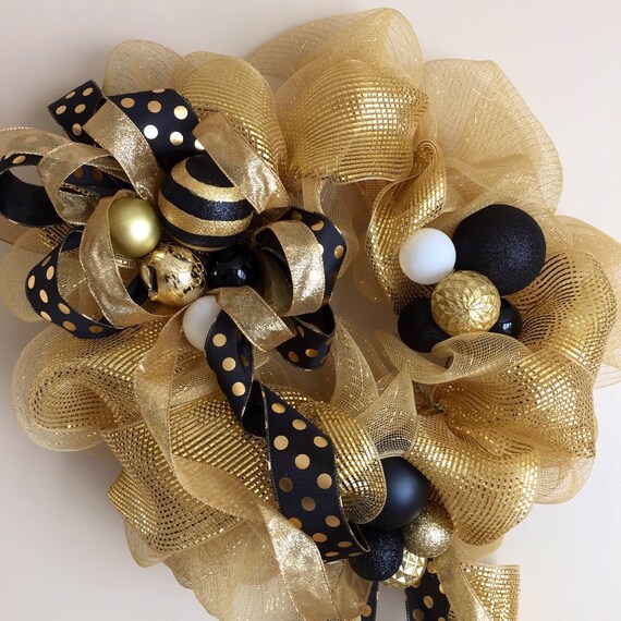 Gold and Black Deco Mesh Wreath Gold and Black by HeartfeltParty