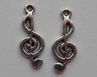 10 Pieces of Metal Jewelry Charms - 26mm Music Note, Treble Clef, Musical Beads, Drops, Double Sided, Silver Color, Base Metal, Top Loop