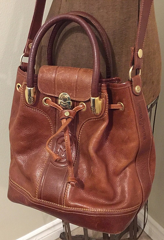 MARINO ORLANDI Brown Leather Embossed Bucket Handbag Purse
