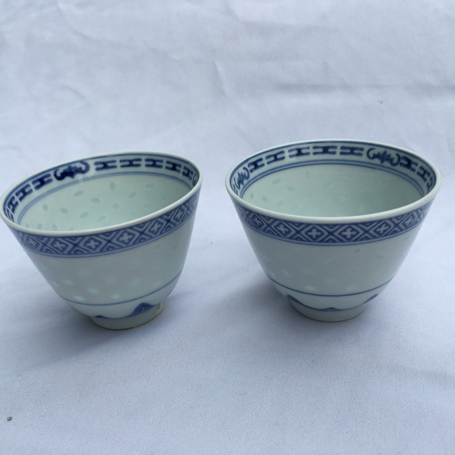 Set of 2 Vintage Chinese Cups Blue and White Porcelain Lucky