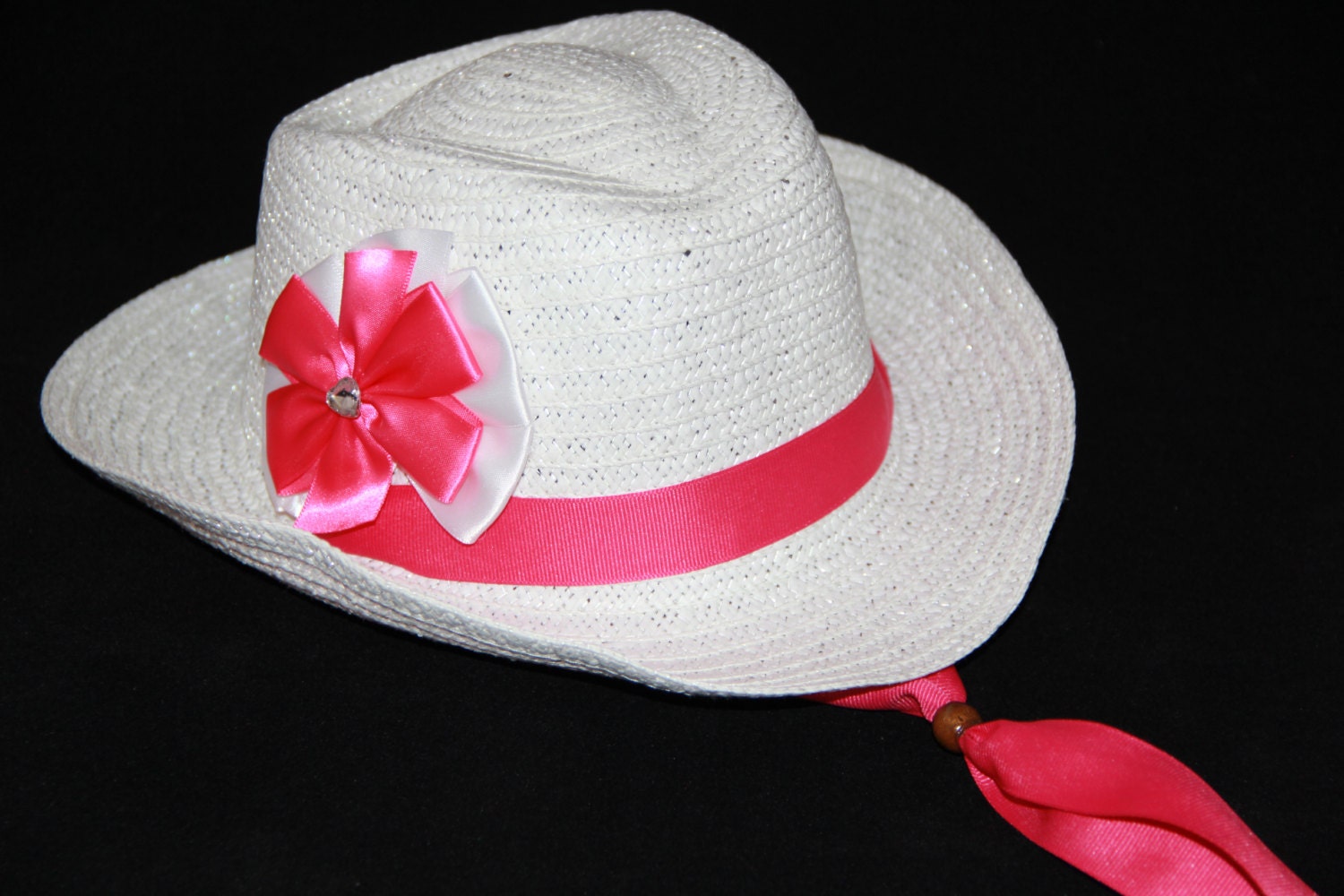 Girls Cowgirl Hat White Hat Pink and White Ribbon Girls