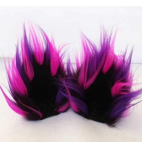 3 Color Spiky Fur Clip On Cat Ears Black Hot pink and Purple
