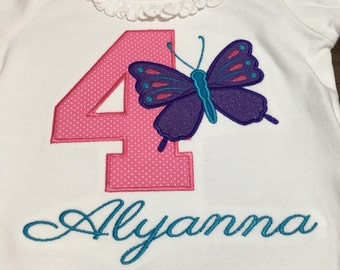 Personalized Shirt, Butterfly Applique Shirt, Embroidered, Birthday shirt, First birthday shirt, Girls, Children's Clothing, kids shirt