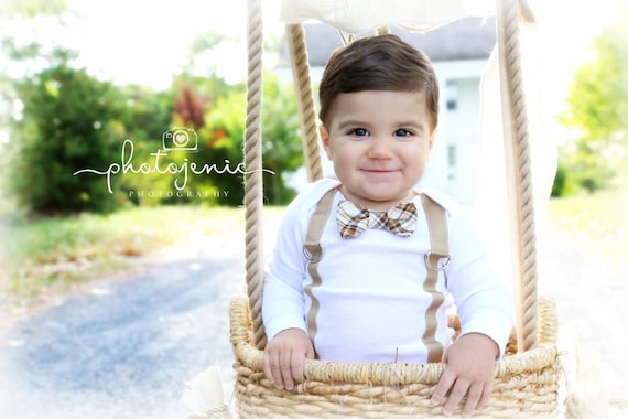 Thanksgiving Baby Boy Bow Tie & Suspenders Bodysuit. Brown Tan Chocolate Plaid. 1st Birthday Outfit, Newborn Coming Home Outfit, Christmas by ChicCoutureBoutique