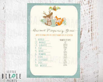 WOODLAND Baby Shower GAME Animal Pregnancy Gestation Game // Woodland Baby Shower Fox Deer Racoon // Instant Download // Fox Baby shower