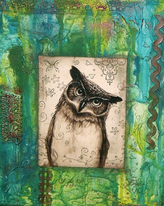 Whimsical Owl Mixed Media Canvas Wall Art Green Blue Copper