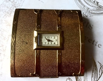 Vintage Evans Steamer Trunk Powder Compact With Watch, 1940s, Estate Sale Find