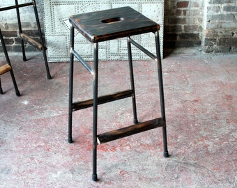 Set of 2 Bar Stools Wood and Steel Bar Stool Reclaimed Wood Industrial Stool Bar Height Hip Stool Salvaged Planks