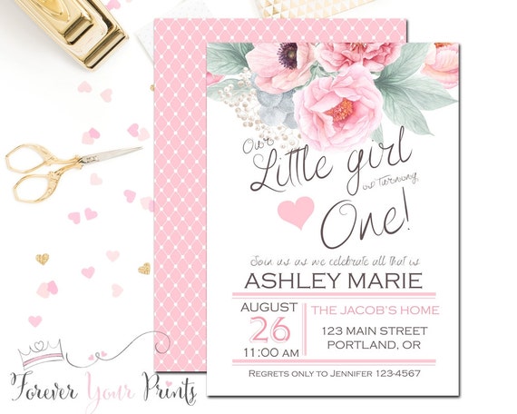 1st Birthday Invitation Girl, Floral 1st Birthday, Girls 1st Birthday, Pink and Mint Green Invitation, Garden Party, Printed Invitations Il_570xn
