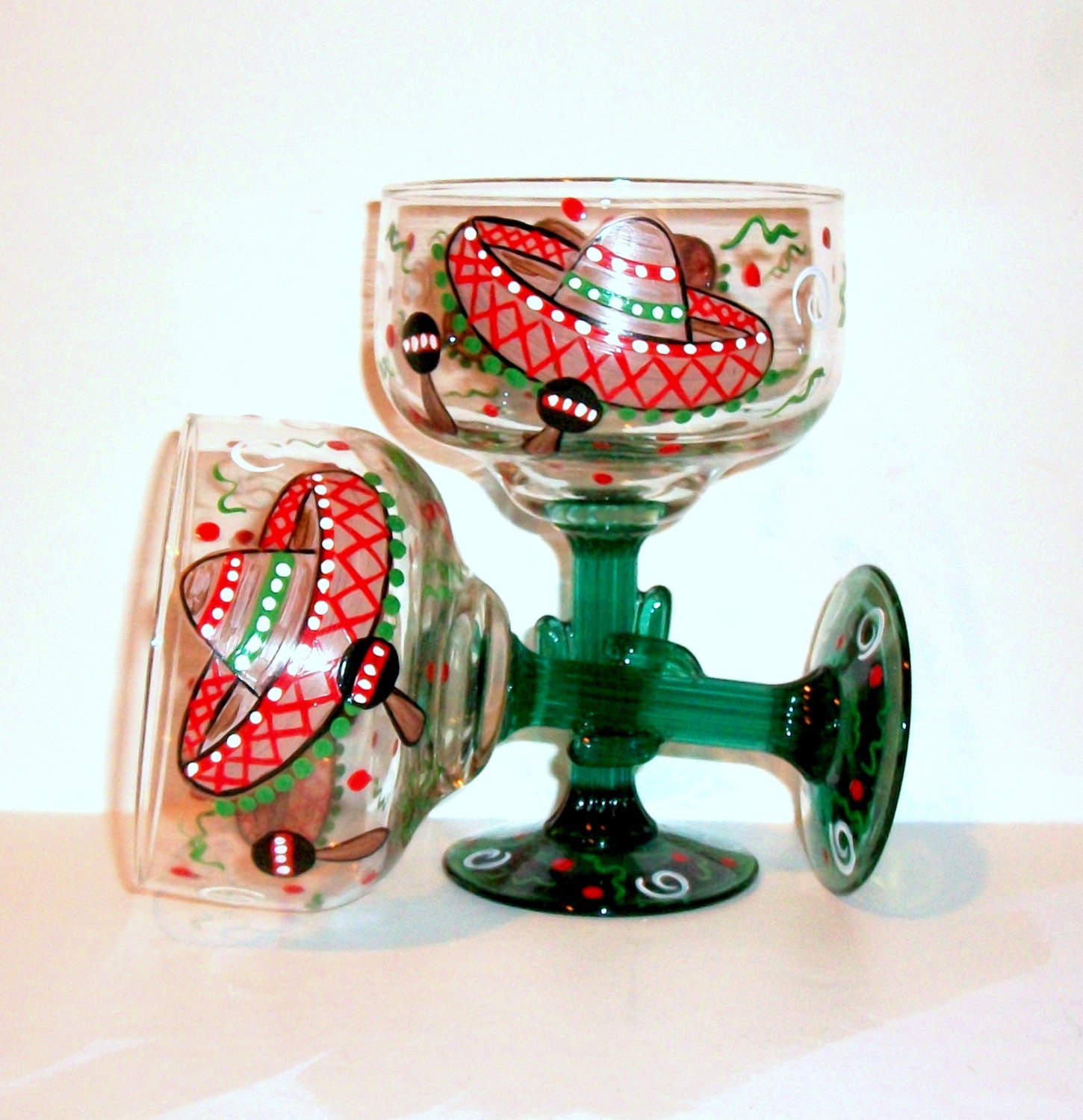 Margarita Glasses Sombreros And Maracas Hand Painted Set Of 2