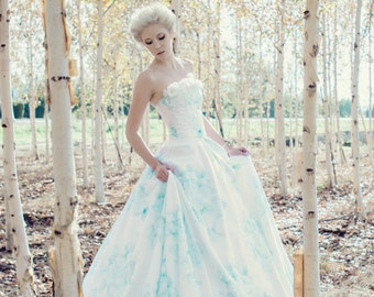 Floral Wedding Dress Watercolor Romantic, BONAPARTE, Silk Cotton Blue Pink Blush