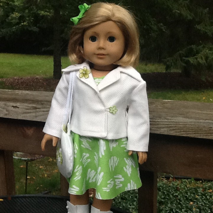 18 Inch Doll Clothes Knit Dress Jacket white purse green