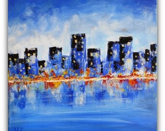 Acrylic Abstract Cityscape. Original Art. 30cm x 30cm. Ready to hang.