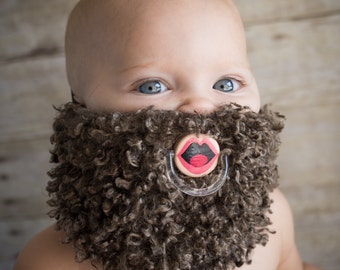 Brown Curly Custom Hand Painted & Hand Cut Beard Pacifier by PiquantDesigns