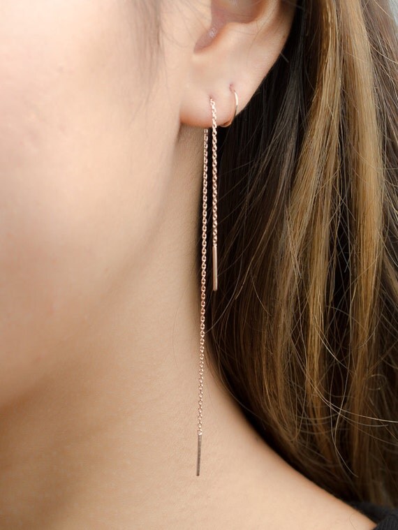 Long Chain Earrings, Rose Gold Threader Earrings, Delicate Chain Stick Earrings, Minimalist