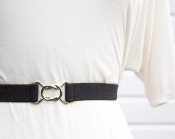 Skinny black elastic waist belt with interlocking clasp