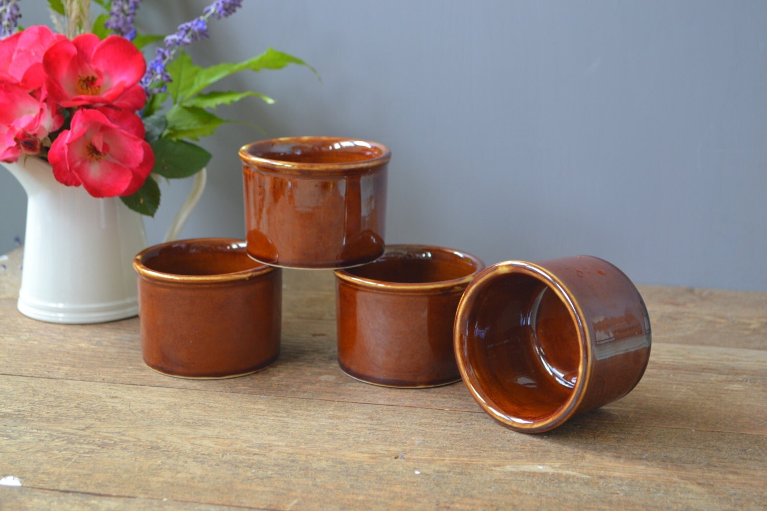 Four Vintage Hall Brown Stoneware Custard Ramekins 914 Haute Juice