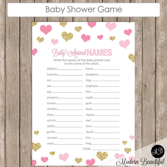 Baby Animal Names Game pink and gold glitter hearts baby