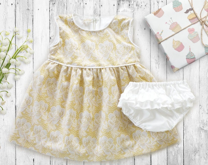 Little Girl Gold Floral Dress, Baby Cotton Silk Dress and ruffles diaper cover, Baby Sleeves Summer Dress