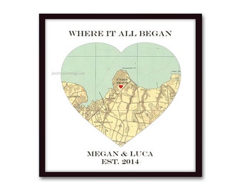 Heart Map Art, Husband Gift, Wife Gift, Unique Wedding Gift, for Couple, Where it All Began, Anniversary Gift, Engagement, Personalized Map