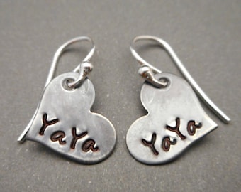 Sterling Silver YaYa Earrings - Heart Earrings - Custom Jewelry - Gifts for Her - Girls Earrings - Hand Stamped Jewelry - YaYa Gift