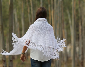 White Wraps Shawl Long Fringe Scarf, knitted Scarf Evening shawl Womens Clothing Accessories Crochet Shawl