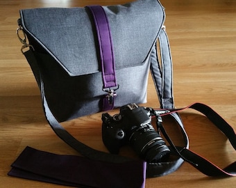Womens camera bags,-Dslr camera bag-Bag Purse-Camera case-Bonus BackSide Pocket plus Strap cover-MIDNIGHT KISSES Blackberry and Heather Gray