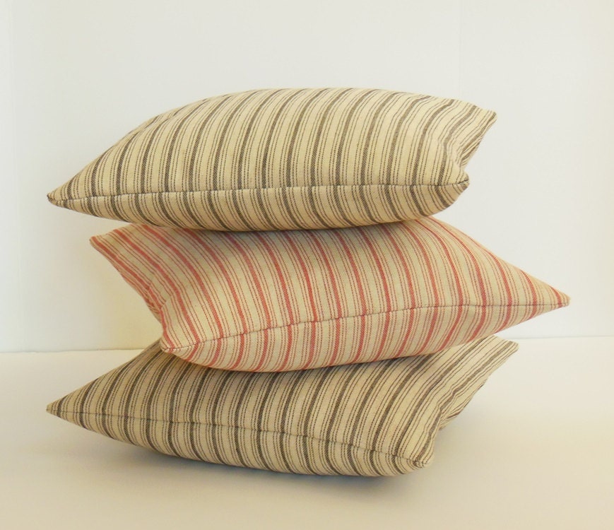 Red Ticking Pillow Ticking Stripe Pillow Cover by JacqueAnnDecor