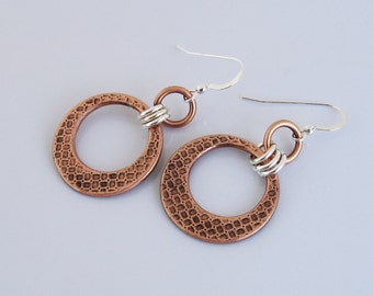 Mixed Metal Jewelry, Handmade Copper and Silver Earrings, Mixed Metal Earrings, Open Circle Geometric Earrings, Drop Dangle Earrings, Casual