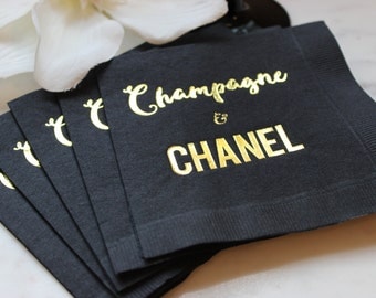Chanel Party, Gold Cocktail Napkin, Chanel Napkin, Gold Foil Napkin, Champagne and Chanel, Black Napkin, Gold and Black Napkin