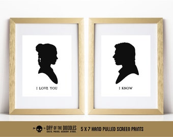 I Love You I Know set of two Han and Leia silhouette victorian style hand pulled screen prints geek gift