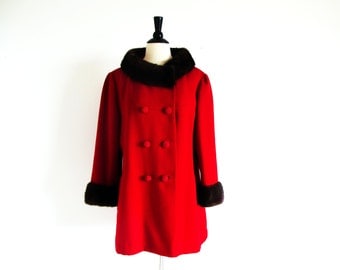 Vintage 60s Mink Collar Coat, Red Wool Coat, Mod Double Breasted Coat, Jackie O style