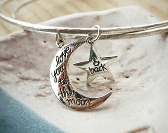 LOVE YOU to the MOON Sterling Silver Bangle and Bracelet Set by Moondrops /// Artisan~Made Hand Forged Jewelry